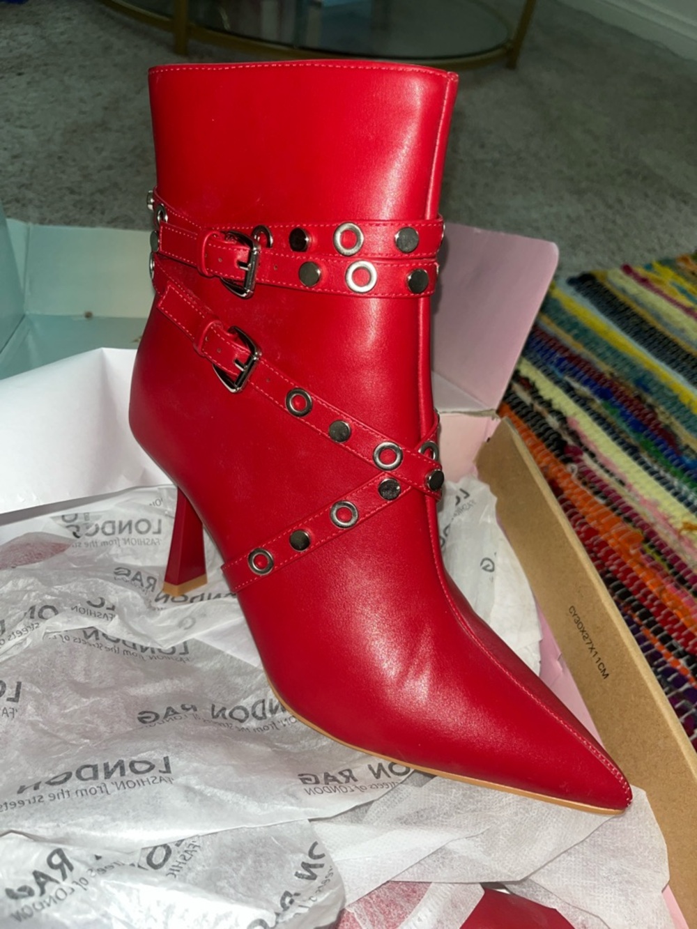 Red Pointed Ankle Boots with Buckle Strap Detail